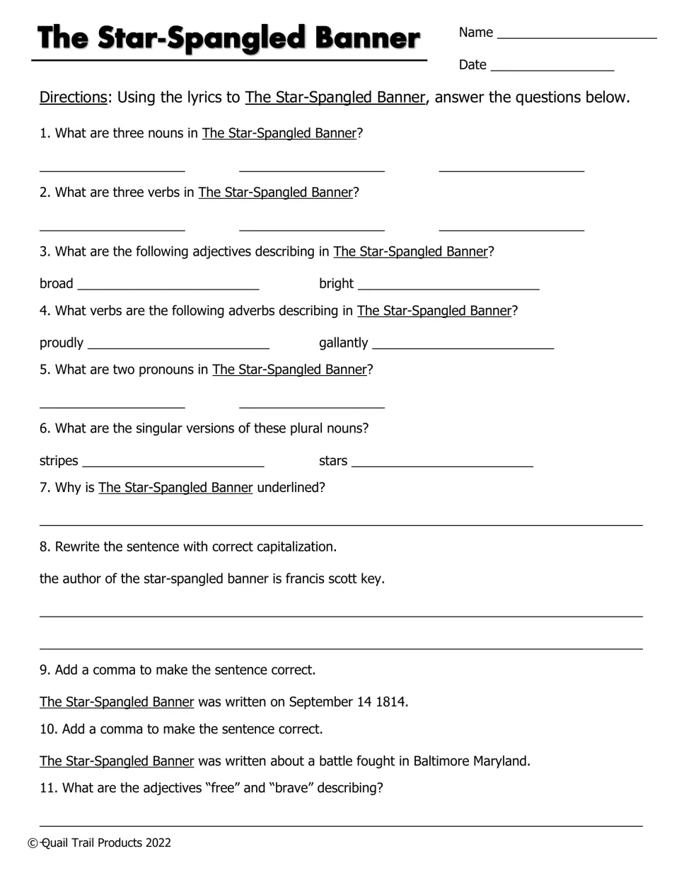 Black-and-white anthem questions on adjectives, adverbs, singular nouns, underlined titles, capitalization and comma use