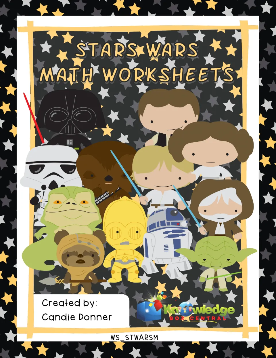Stars Wars Math Worksheets cover by Candie Donner, featuring cartoon droids, a Wookiee, Yoda and other space characters