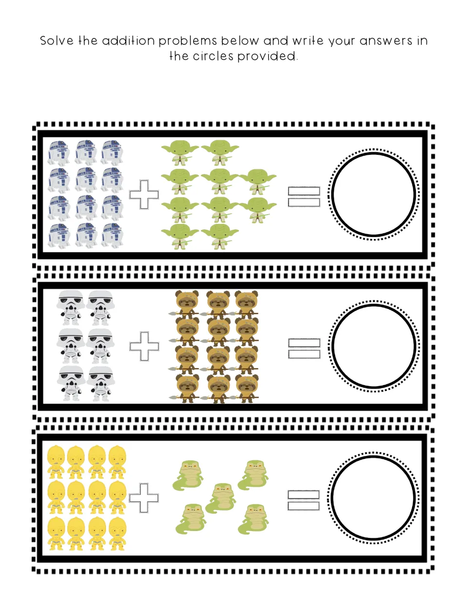 Picture addition: students count two groups of characters, such as 12 droids plus 10 Yodas, and write each sum in a circle