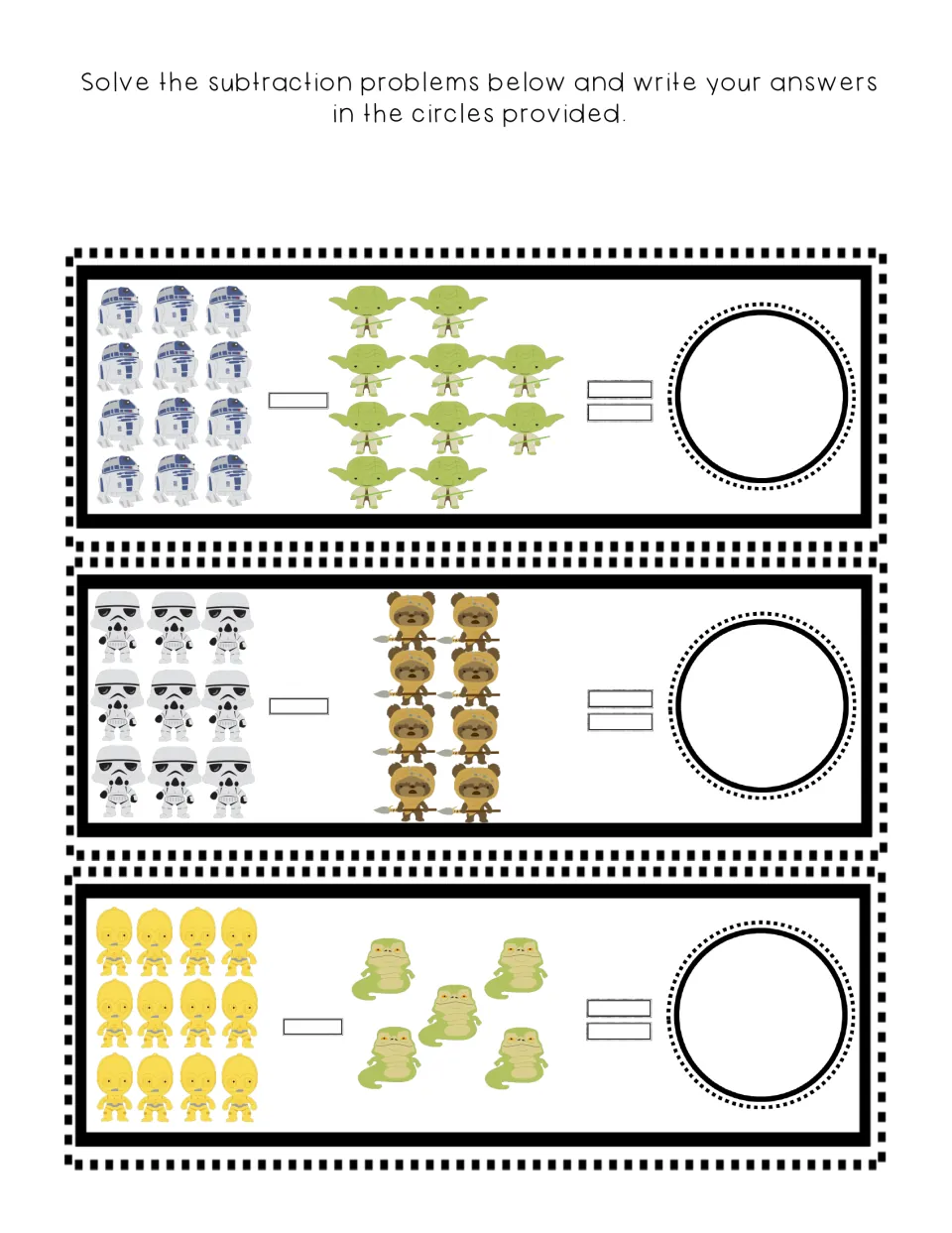Picture subtraction: students count character groups, such as 9 troopers minus 8 Ewoks, and write the difference in a circle