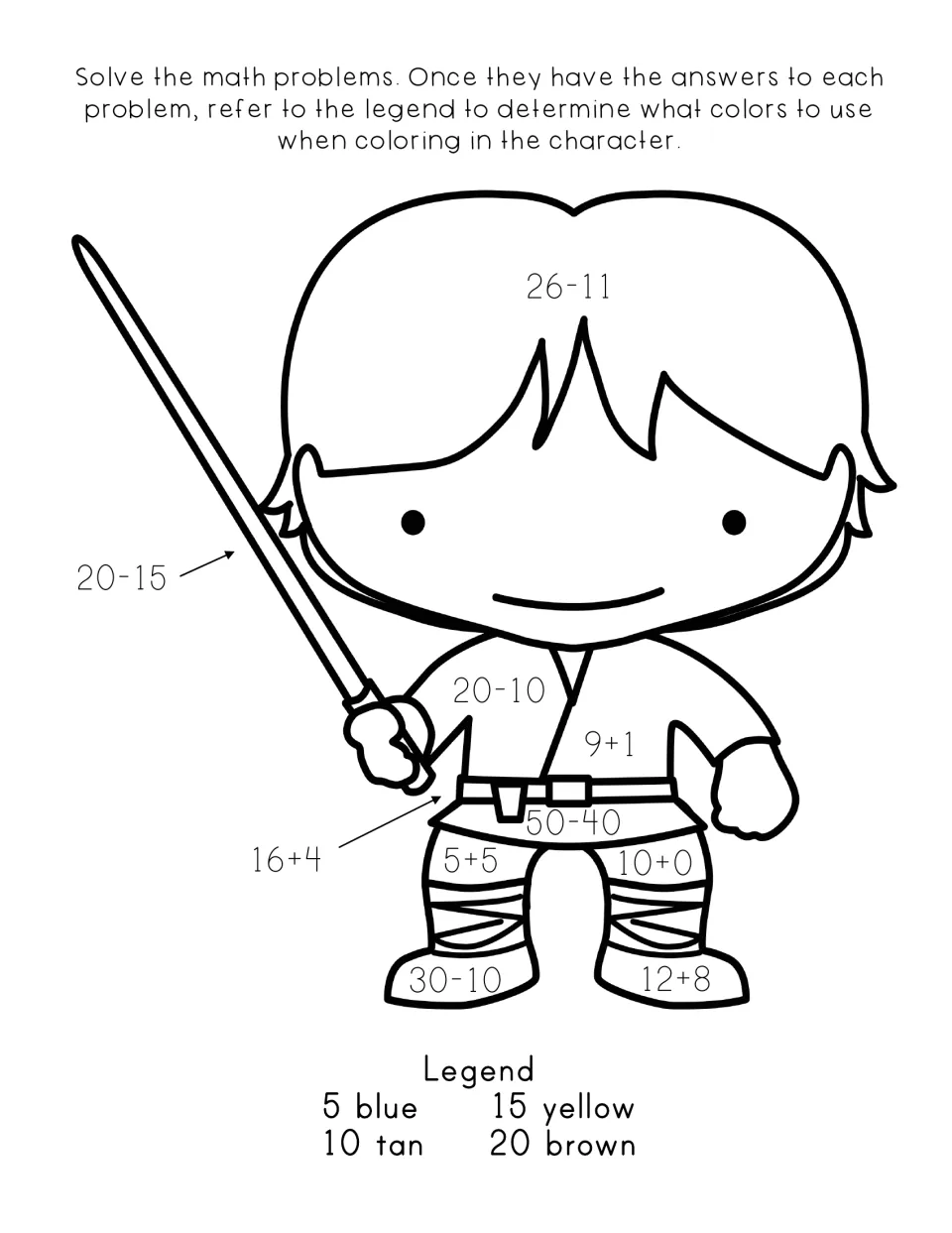 Color by number: students solve facts like 26-11 and 16+4 on a Jedi drawing, then color using a legend of 5, 10, 15 and 20
