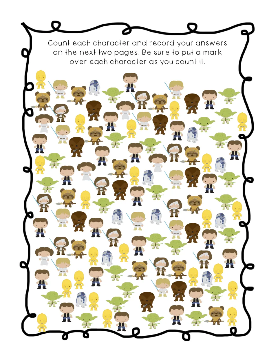 Counting search: students mark and count each of nine cartoon characters in a crowded scene to record on the next two pages