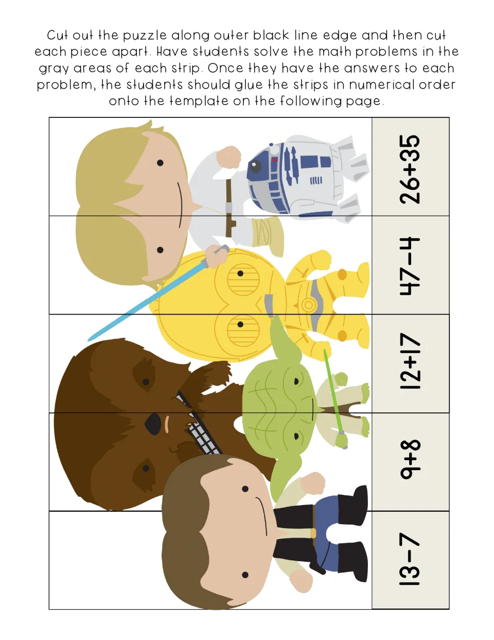 Number order puzzle: students solve 13-7, 9+8, 12+17, 47-4 and 26+35 on picture strips, then cut them out to order by answer