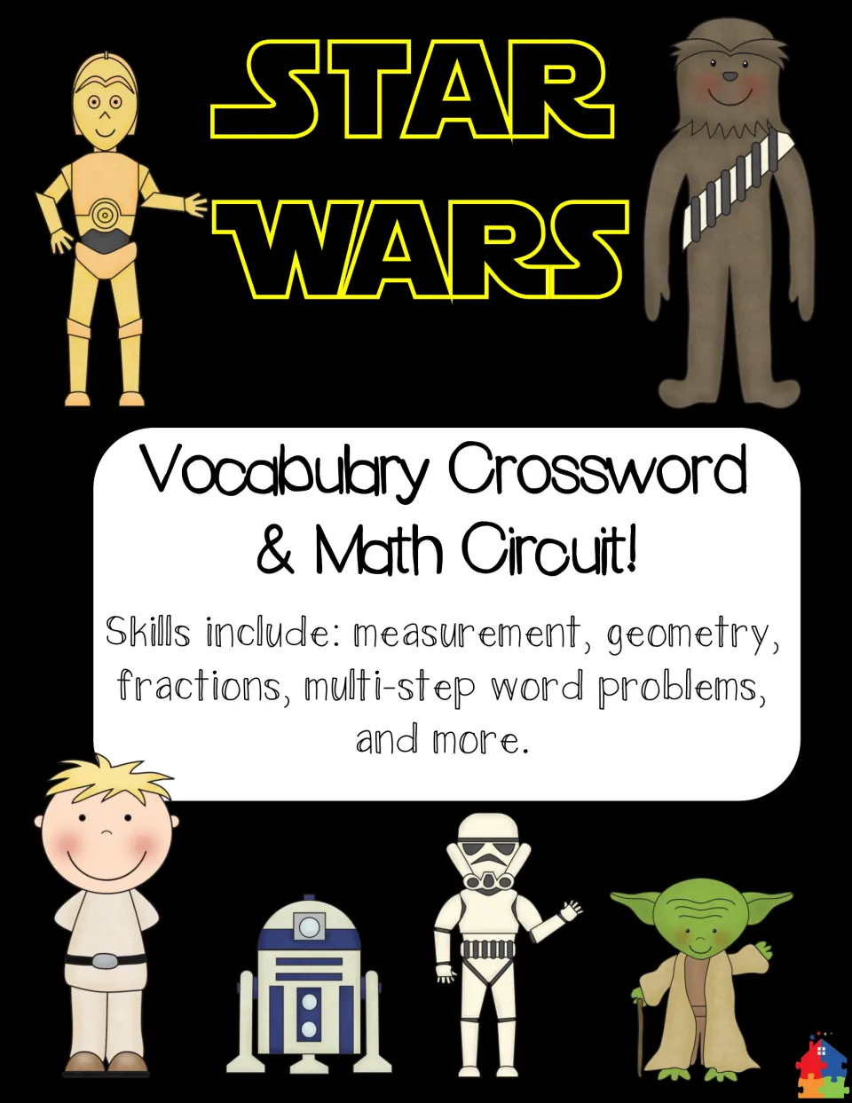 Cover: Star Wars vocabulary crossword and math circuit with characters, covering measurement, geometry and fractions