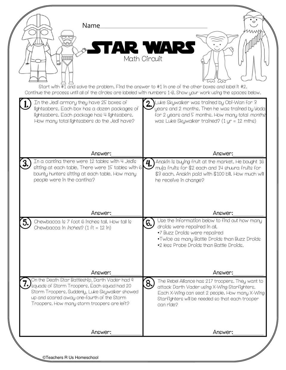 Multi-step word problems circuit: students solve eight problems, match each answer to the next box and number circles 1-8