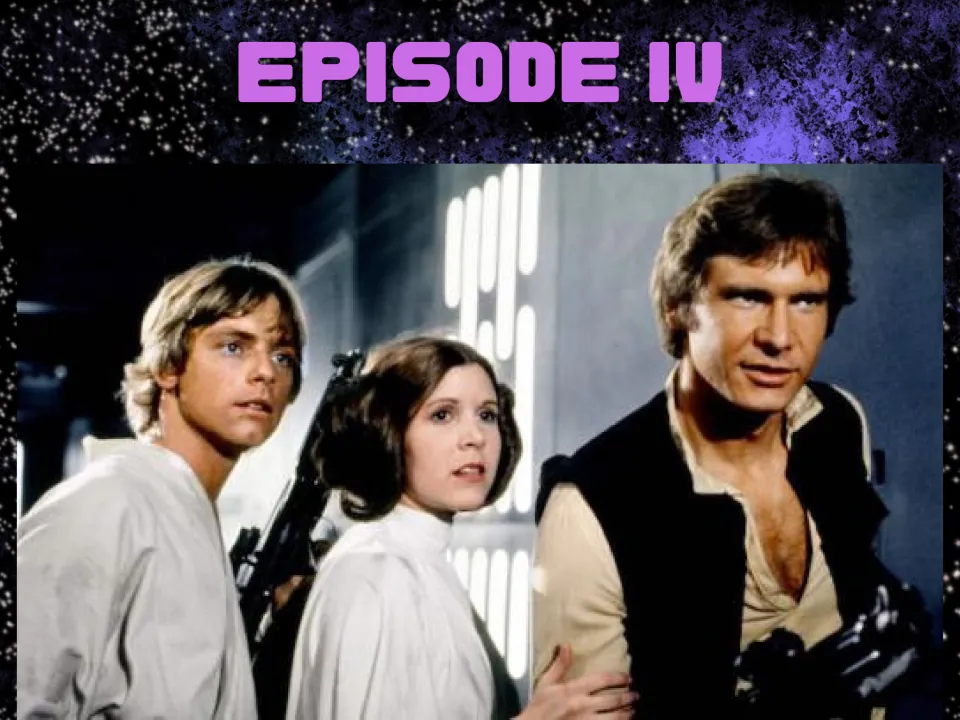 Episode IV picture description: a film still of two young men and a young woman in white standing close in a corridor