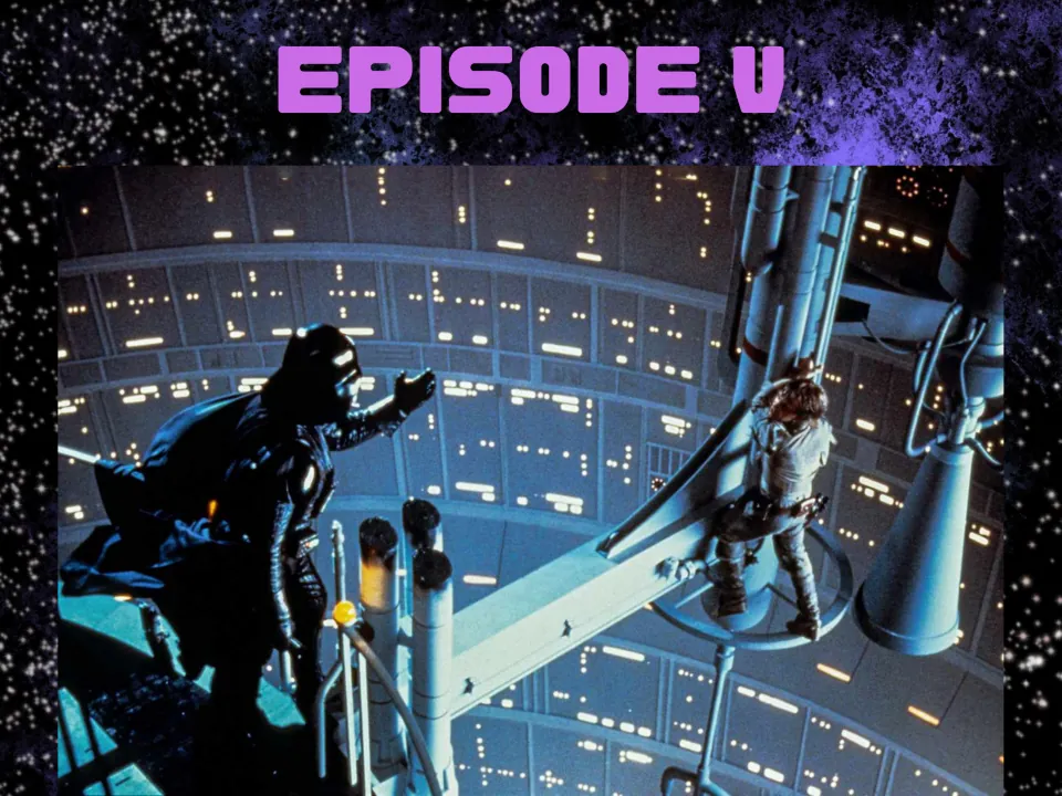 Episode V picture description: a figure in a black helmet and cape reaches toward a man clinging to a gantry over a shaft