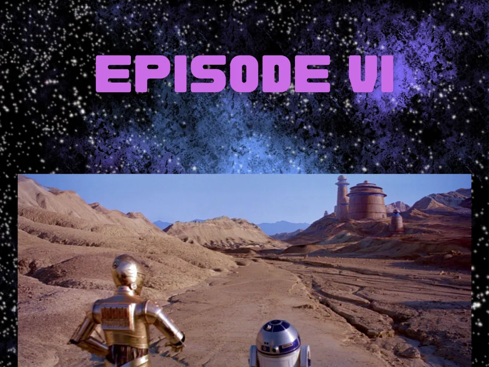Episode VI picture description: a gold humanoid robot and a small domed robot face a desert road toward a distant palace