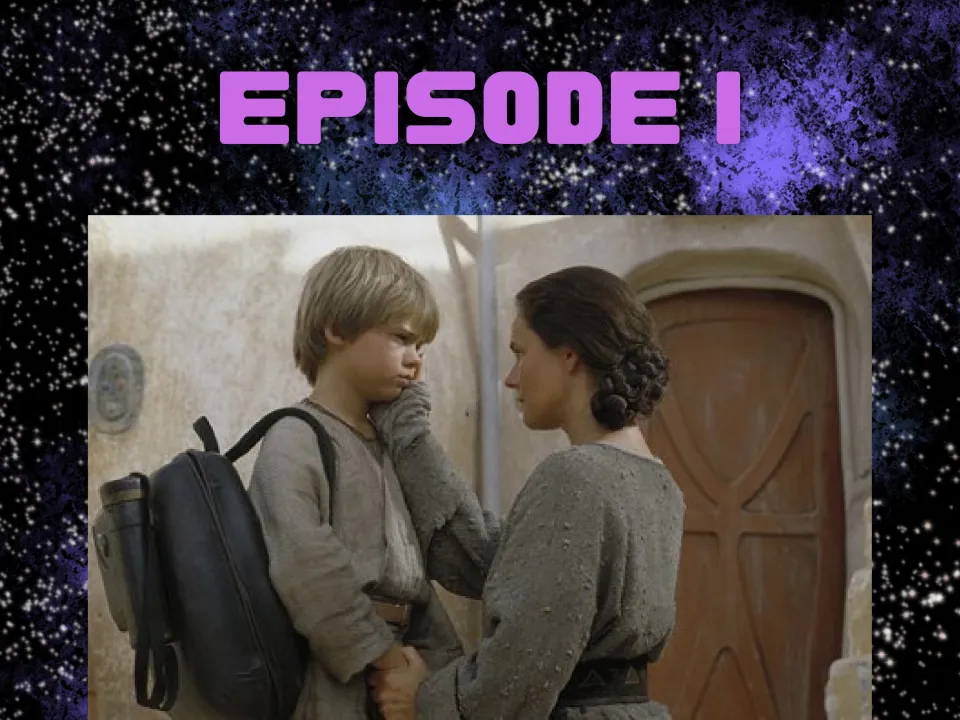 Episode I picture description: a woman touches the face of a sad-looking boy wearing a backpack outside a doorway