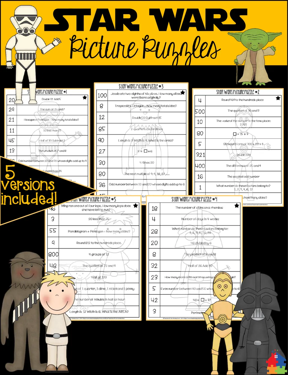Star Wars Picture Puzzles cover showing five versions of math puzzles that reveal character pictures