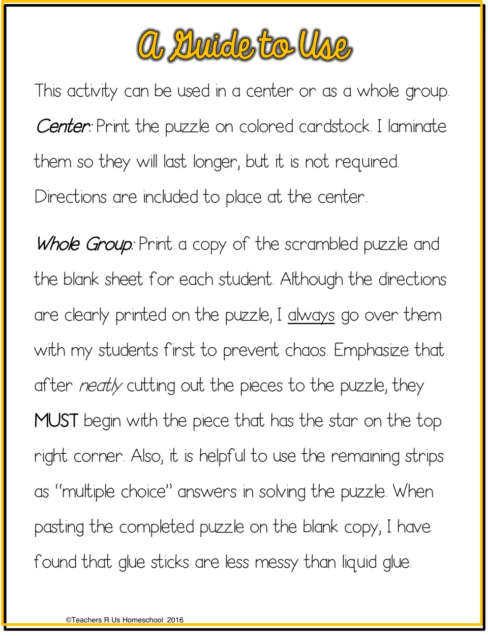 Teacher guide for using the puzzles in centers or whole-group work, including printing, cutting, and gluing
