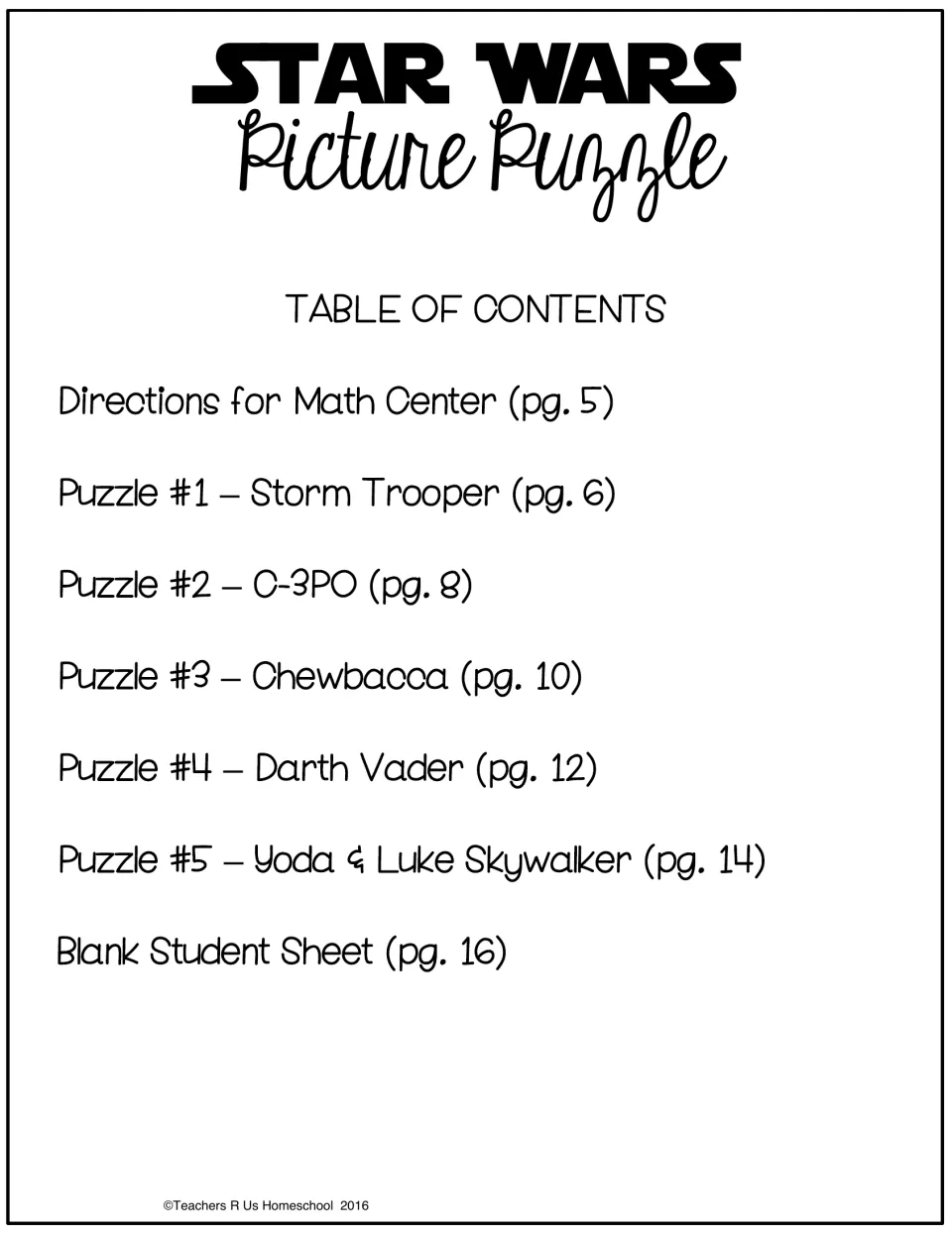 Table of contents listing directions, five character puzzles from Storm Trooper to Yoda and Luke, and a blank sheet