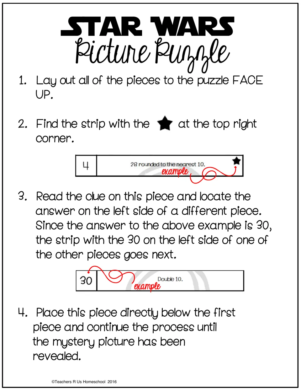 Student puzzle directions: start with the starred strip, solve its clue, and match the answer to the next strip