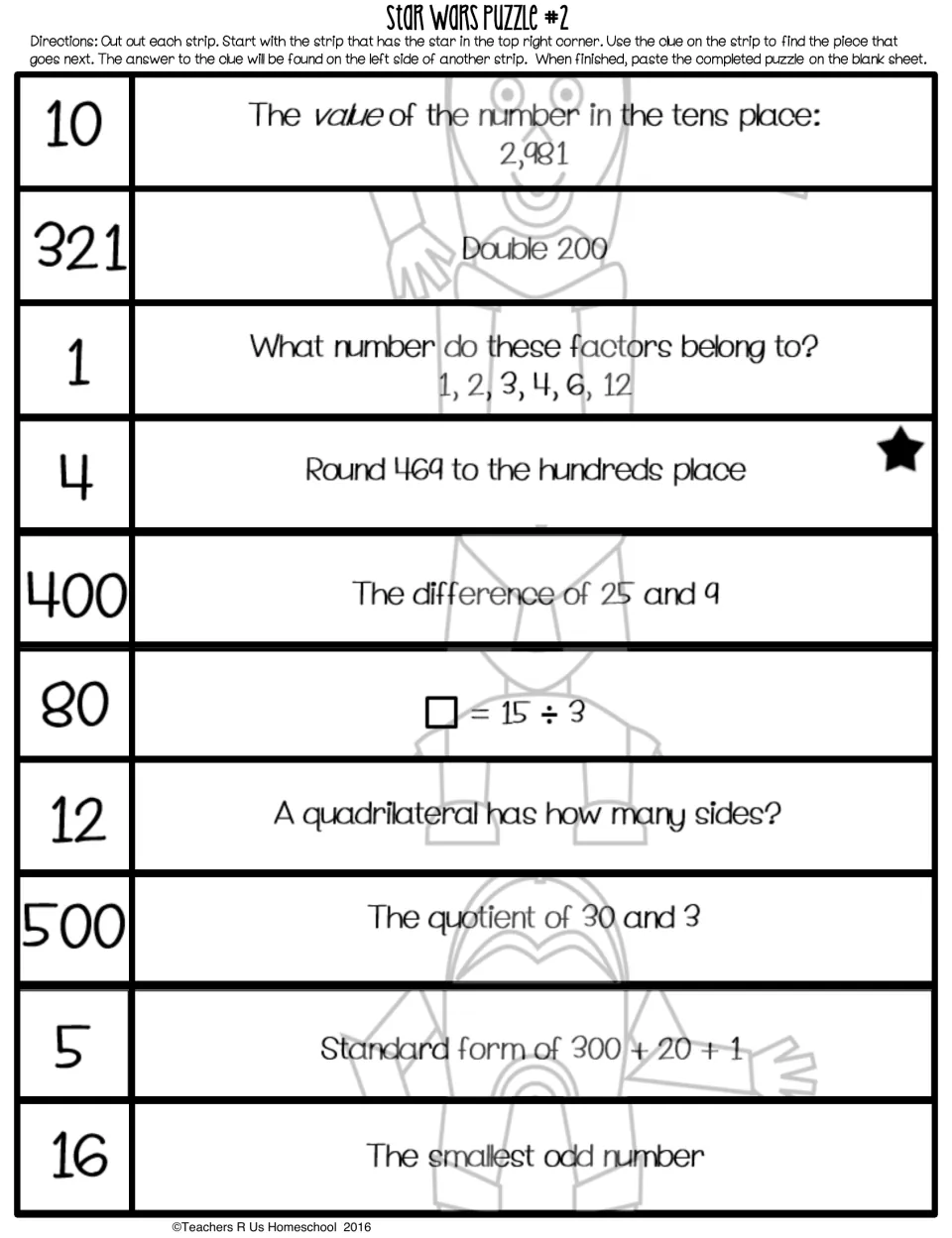 Puzzle 2: ten scrambled C-3PO strips with clues about rounding, place value, division, factors, and shapes