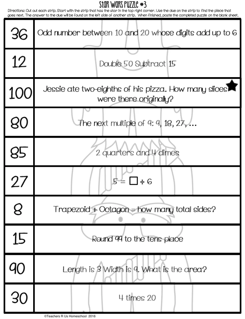 Puzzle 3: ten scrambled Chewbacca strips with clues about pizza fractions, coins, area, division, and rounding