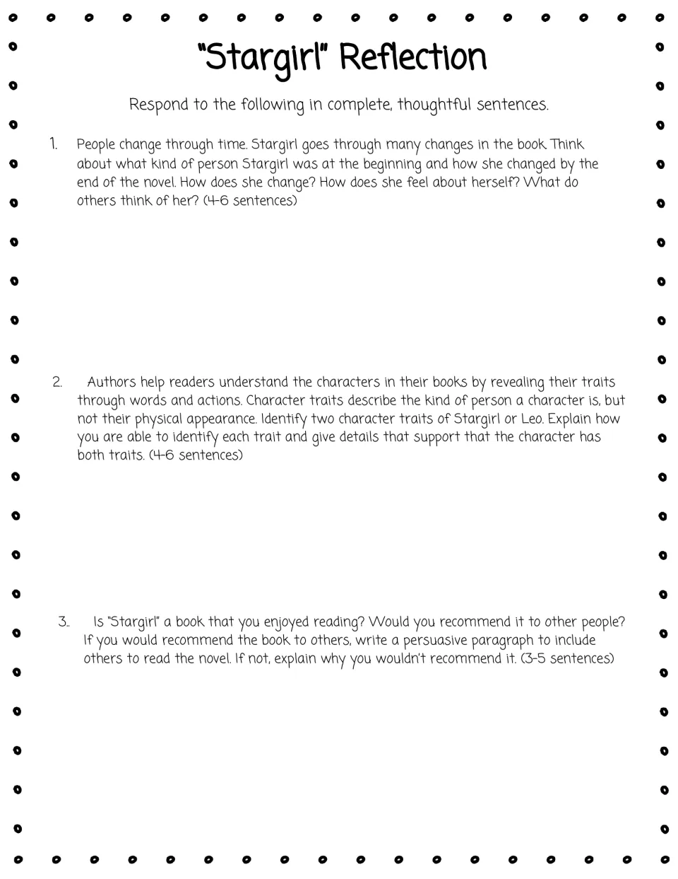 Stargirl reflection: students write about how Stargirl changes, two character traits, and whether they'd recommend the book