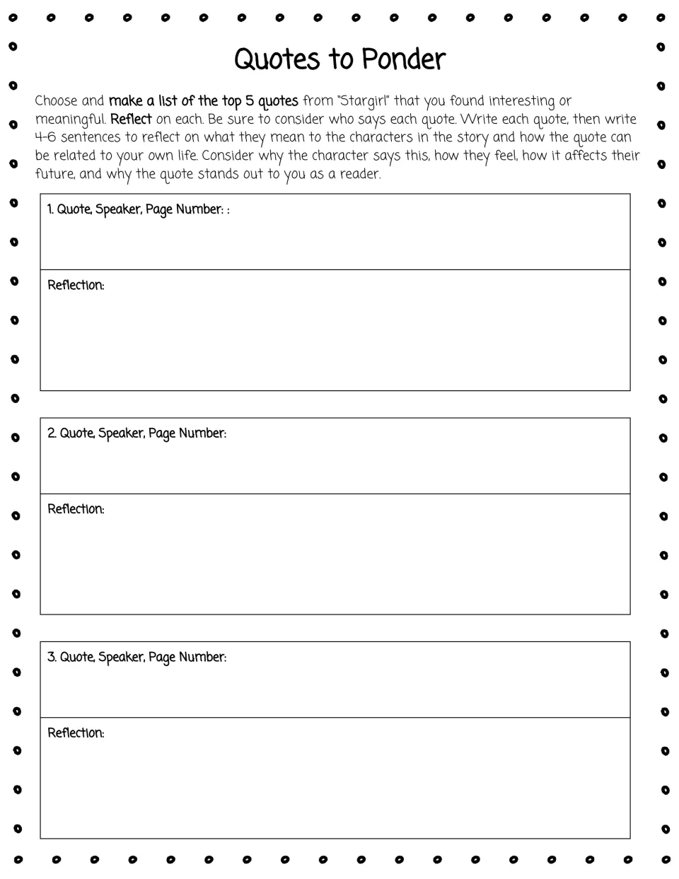 Quotes to Ponder: students log quotes 1 to 3 with speaker and page number, then reflect on what each one means