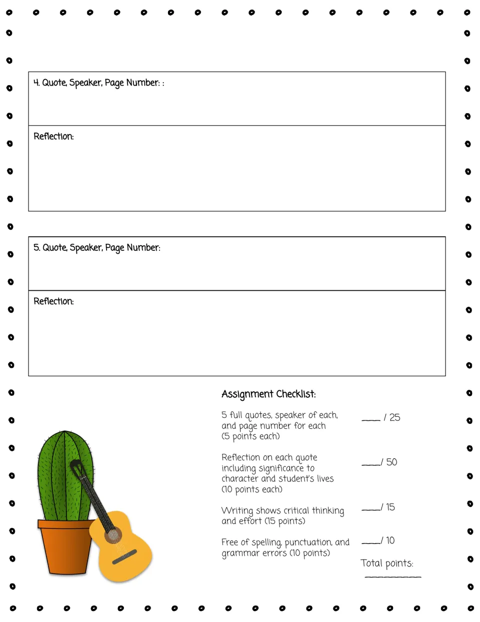 Quote reflections 4 and 5: students finish their quote list, then a 100-point checklist scores quotes and reflections