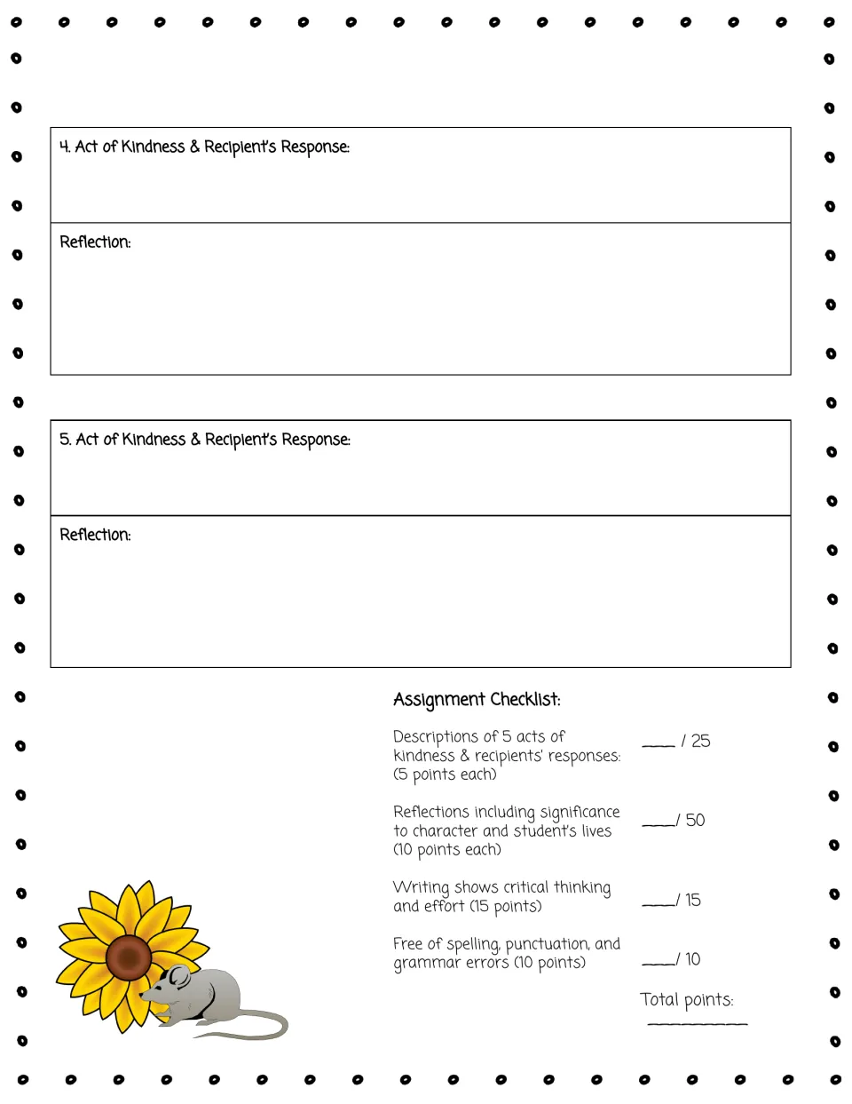 Kindness acts 4 and 5 with reflections, then a 100-point checklist scoring descriptions, reflections and writing