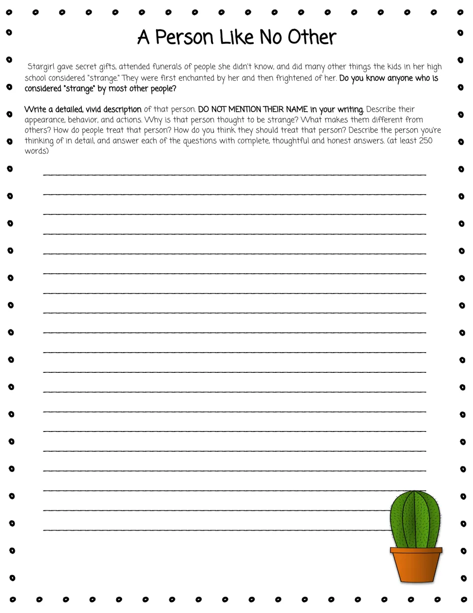 A Person Like No Other: students write a 250-word description of someone seen as strange, without using their name
