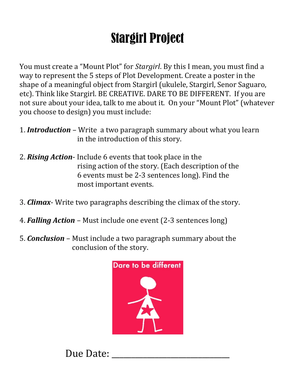 Stargirl "Mount Plot" assignment: students make a poster shaped like a story object covering the 5 plot stages