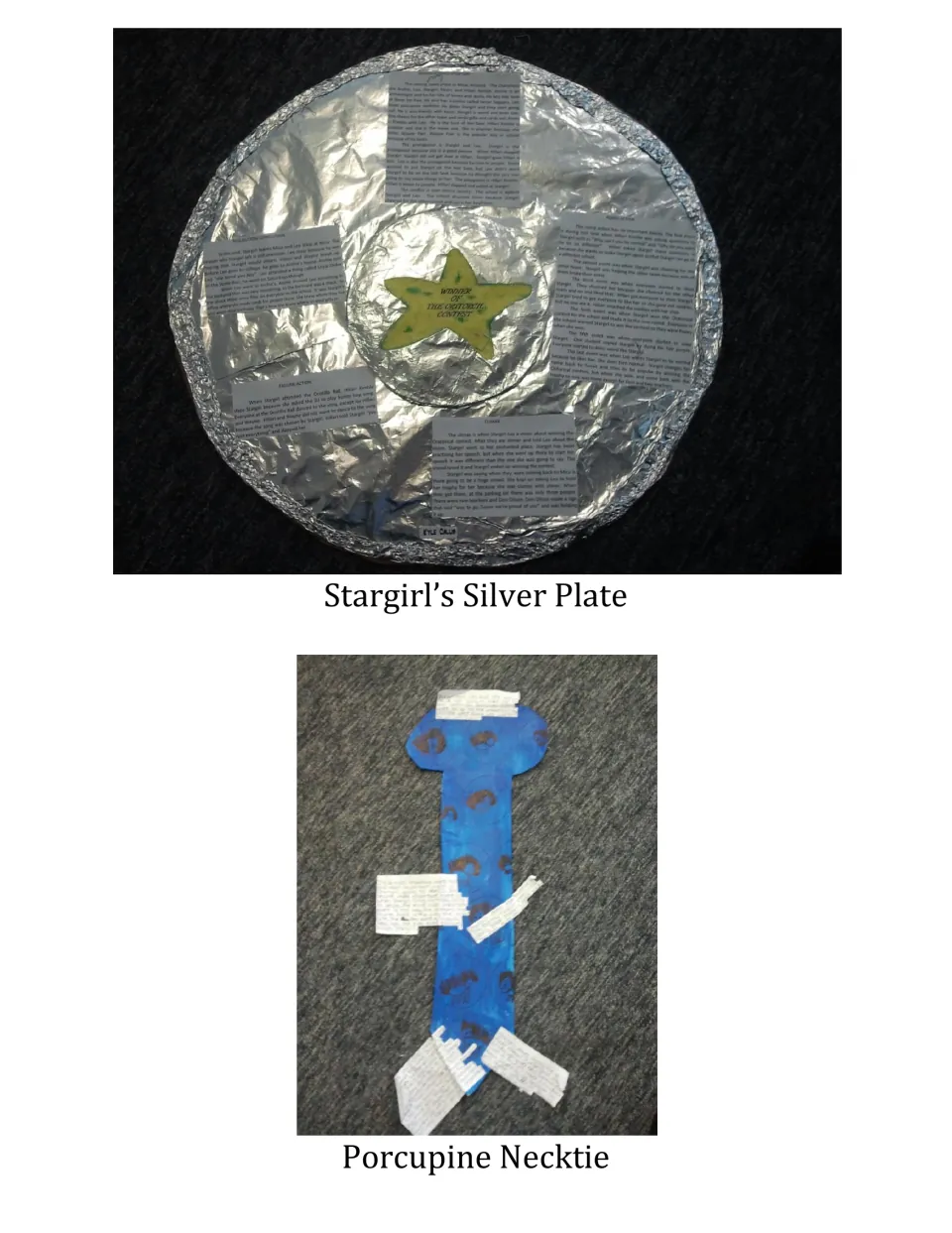 Student plot posters shaped like Stargirl's foil-covered silver plate and a blue porcupine necktie with plot summaries