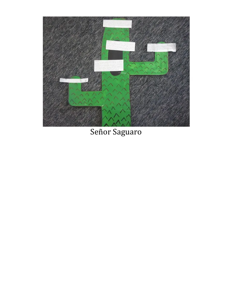 Student plot poster shaped like the Señor Saguaro cactus, with plot-stage summaries taped on its arms and trunk