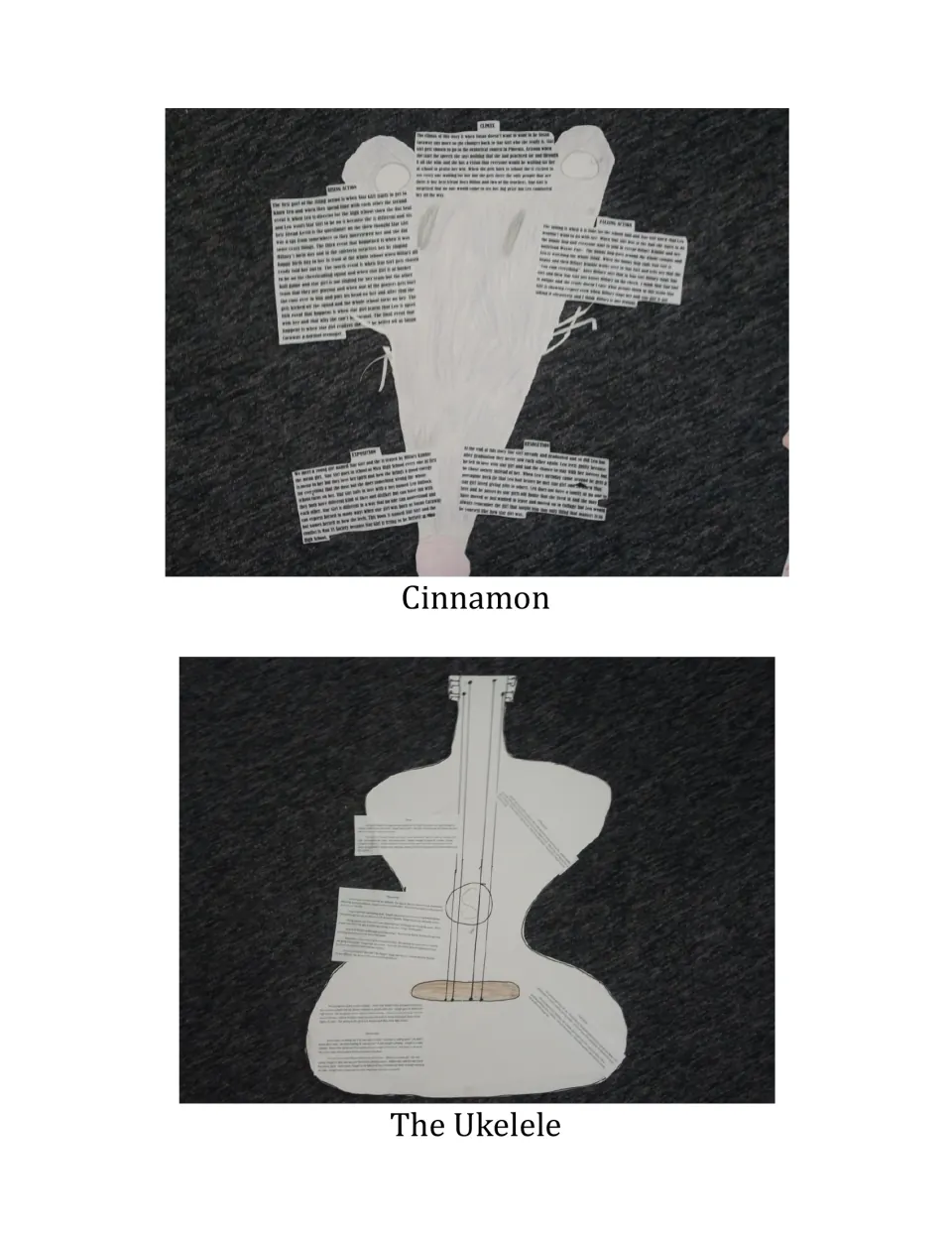 Student plot posters shaped like Cinnamon the pet rat and a ukulele, each with exposition through resolution summaries