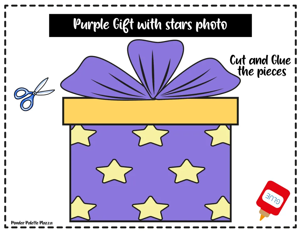 Purple gift with stars model: finished craft with a purple bow, yellow lid and star-covered box to cut and glue