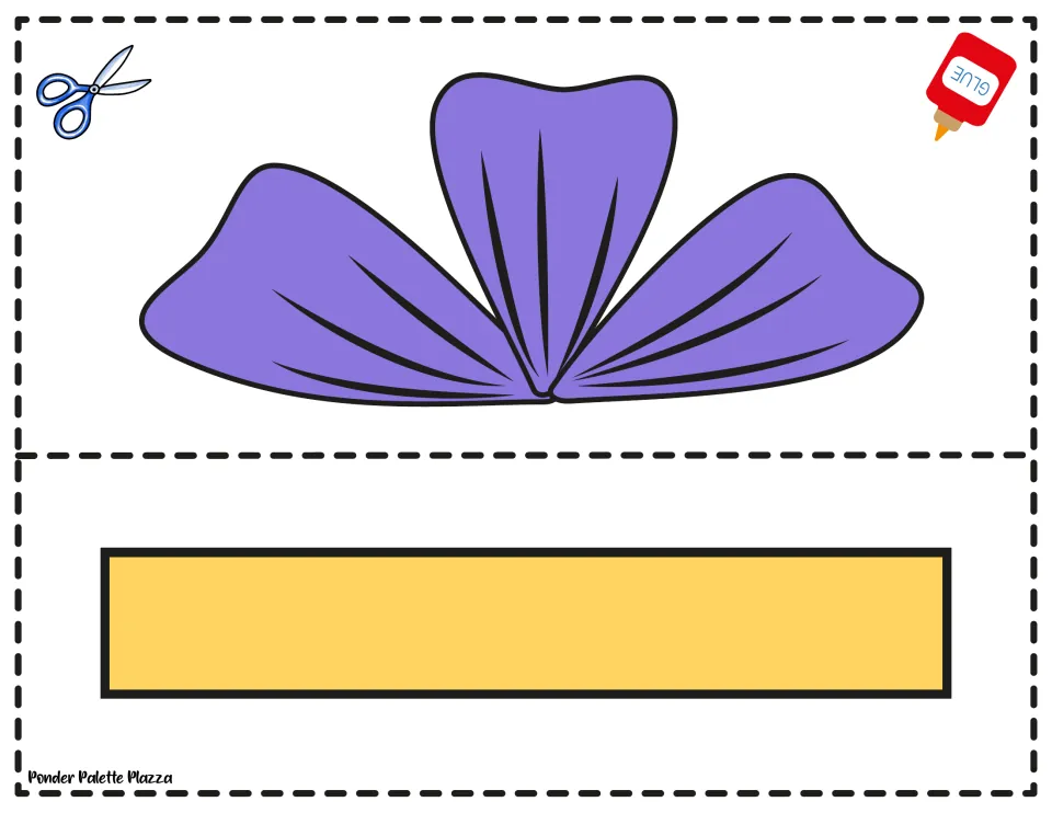 Gift craft cut-out pieces: a purple bow and a yellow lid strip to cut and glue on top of the gift box