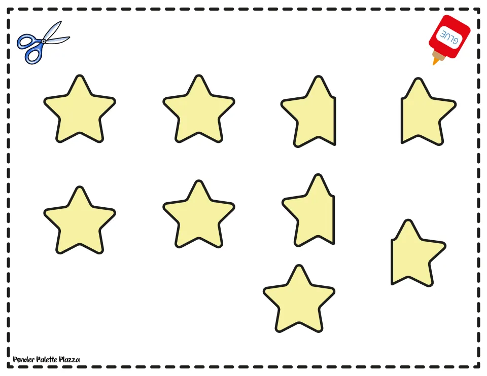 Star cut-out pieces: five whole and four half yellow stars for students to cut and glue onto the purple box