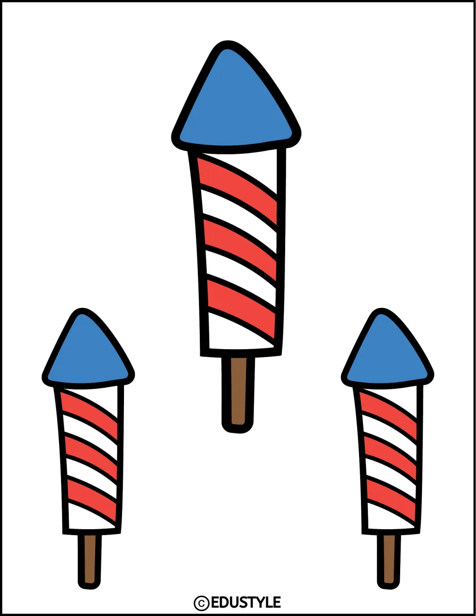 Fourth of July firework rockets: three red-and-white striped rockets with blue tips and brown sticks to cut out as decor