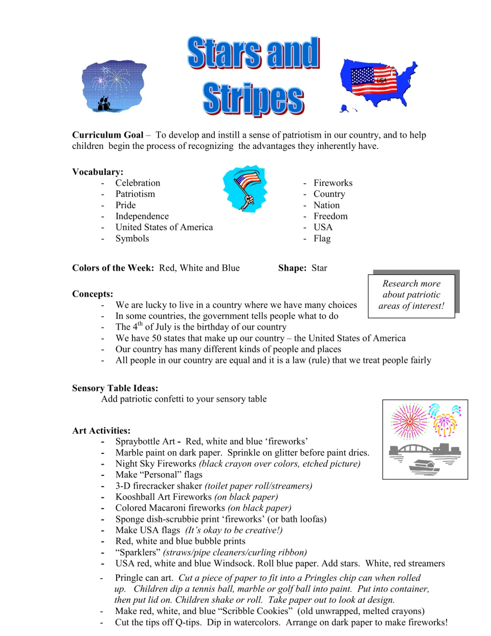 Curriculum overview introduces patriotic vocabulary, red, white and blue, the star shape, and art activities