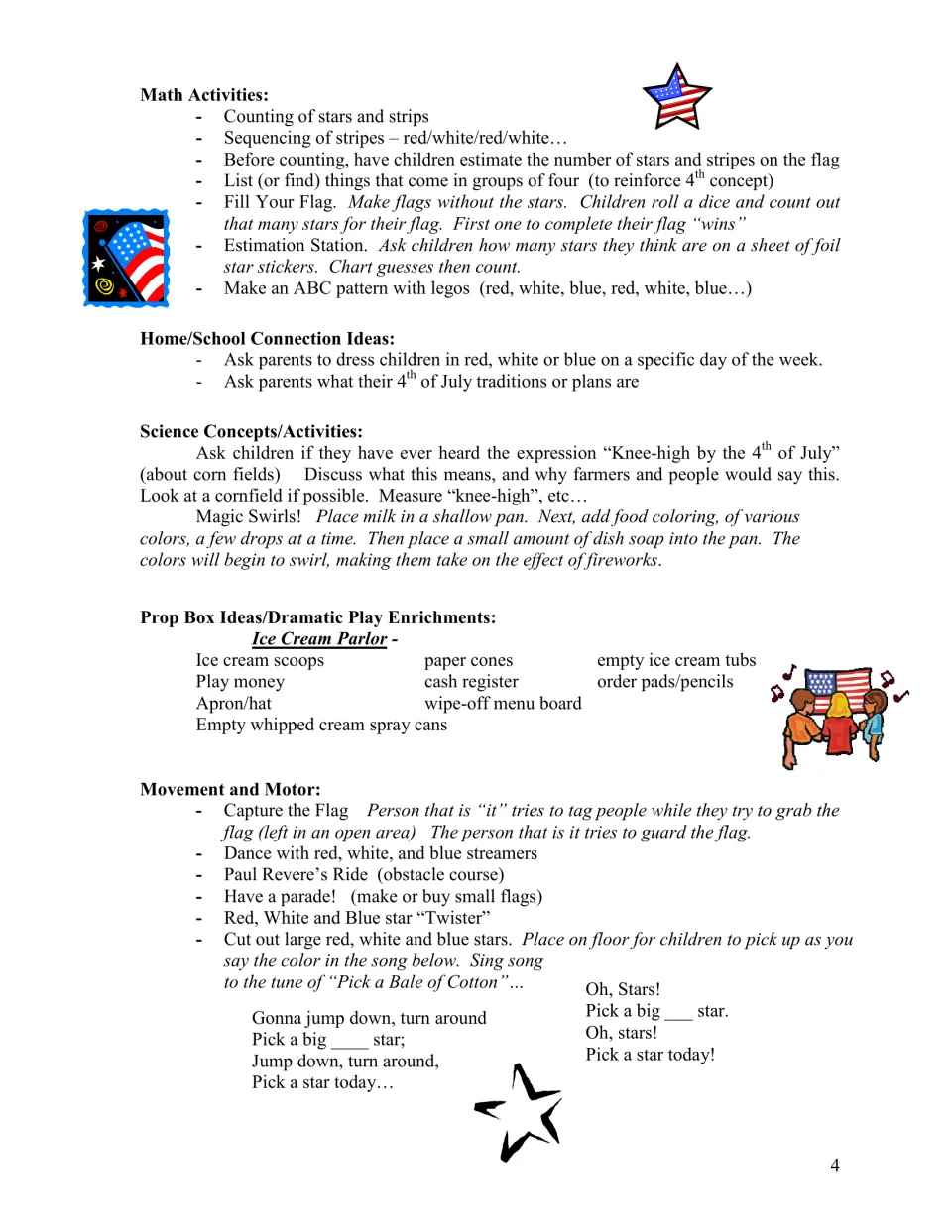 Curriculum activities include counting stars, swirling milk colors, ice cream parlor play, and Capture the Flag