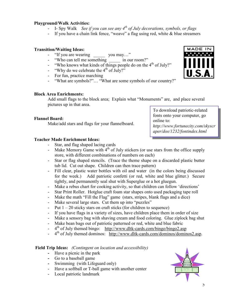 Planning ideas include a patriotic I-Spy walk, transition questions, flag lacing cards, and local field trips