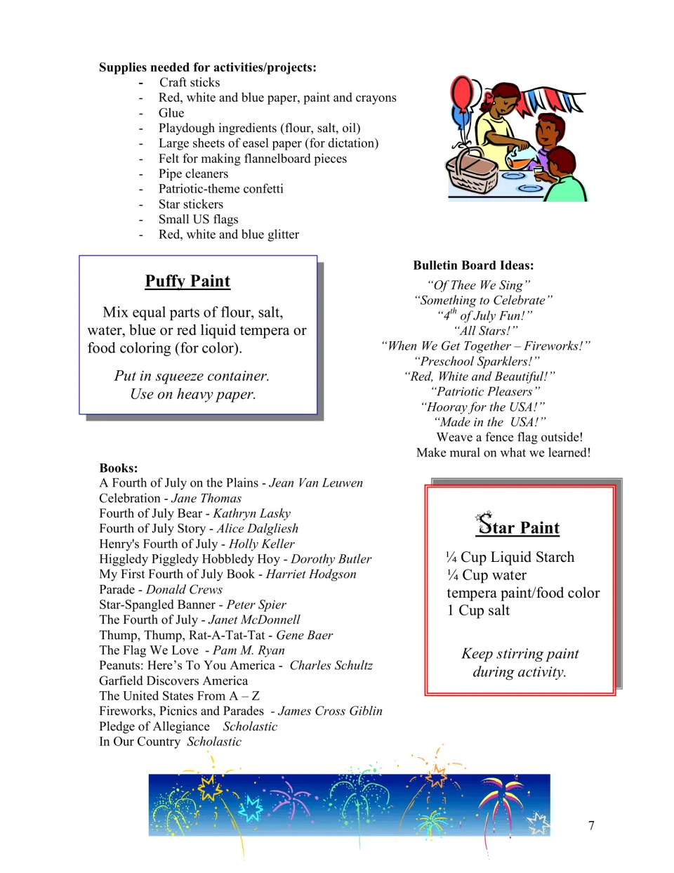 Teacher planning references list project supplies, books, bulletin board ideas, and puffy paint and star paint recipes
