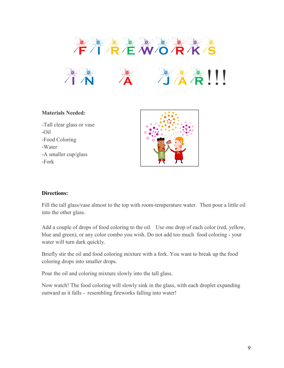Fireworks in a Jar experiment lists materials and directions for combining water, oil, and drops of food coloring