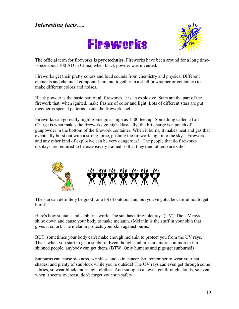 Supplemental reading covers fireworks colors and lift, then explains UV rays, melanin, sunburn, and sun protection