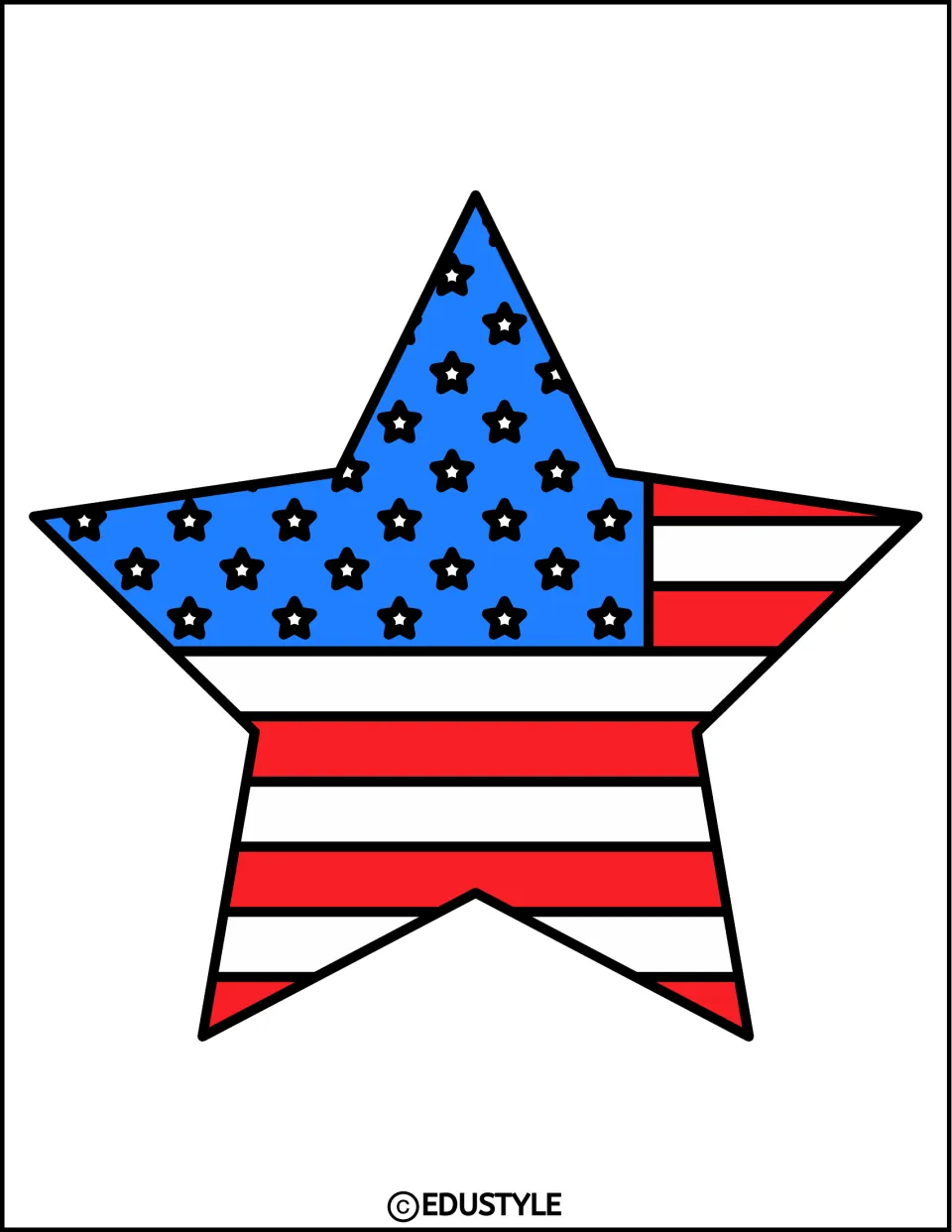 Large five-pointed star decorated as the American flag, blue starred corner and red and white stripes, to cut out