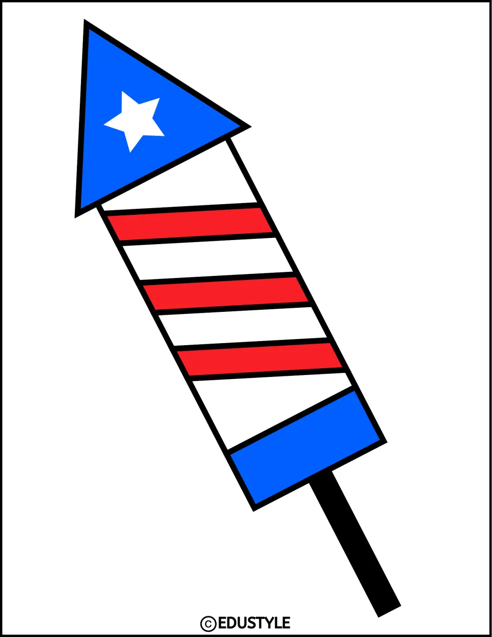 One big firework rocket tilted diagonally, blue cone with a white star, red and white striped body and black stick
