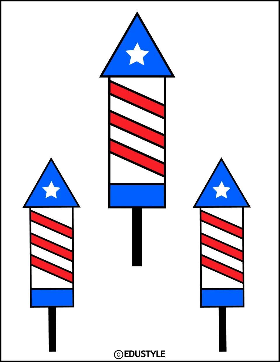 Three upright firework rockets, one tall and two short, each with a starred blue tip, diagonal red stripes and a stick