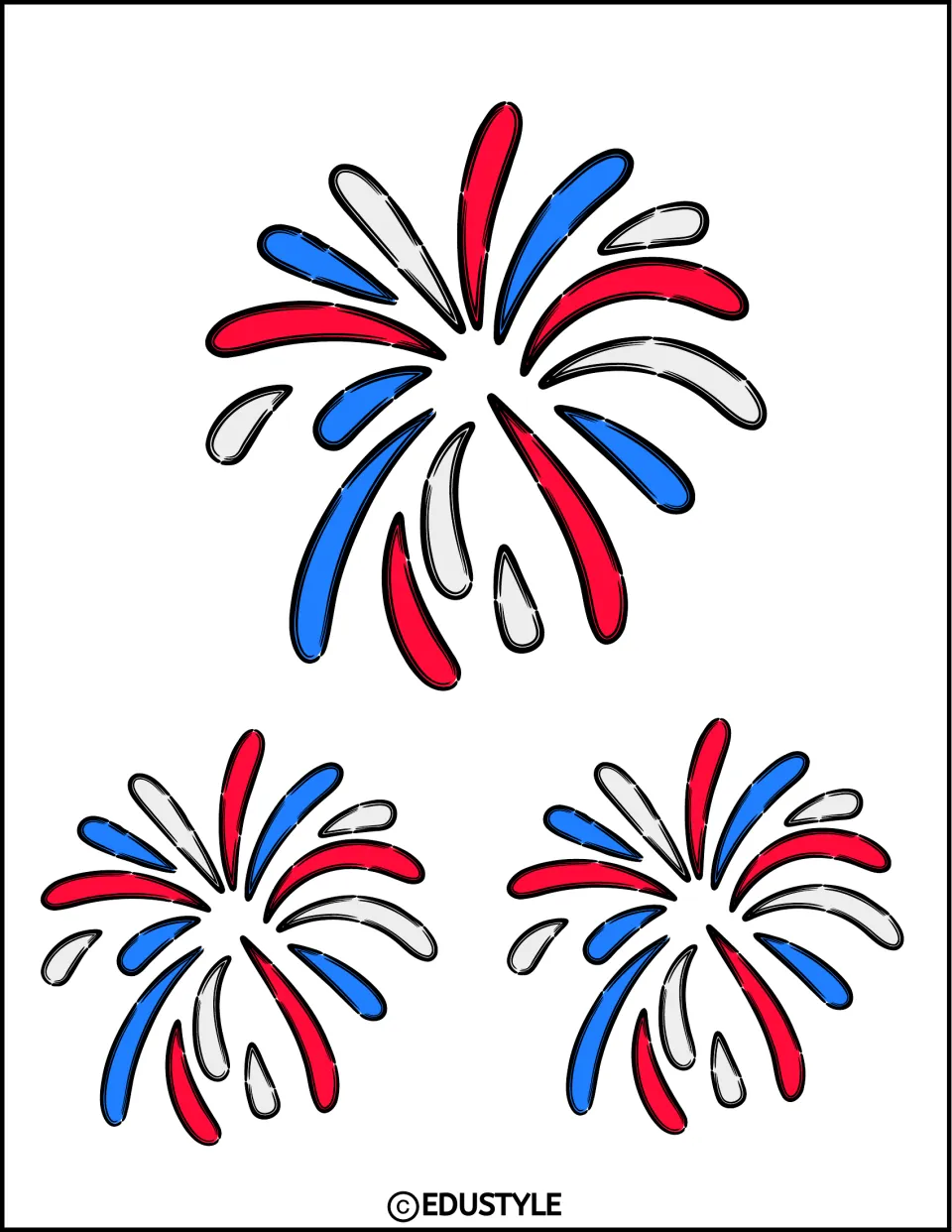 Three red, white and blue firework bursts with teardrop-shaped sparks, one large on top and two smaller below