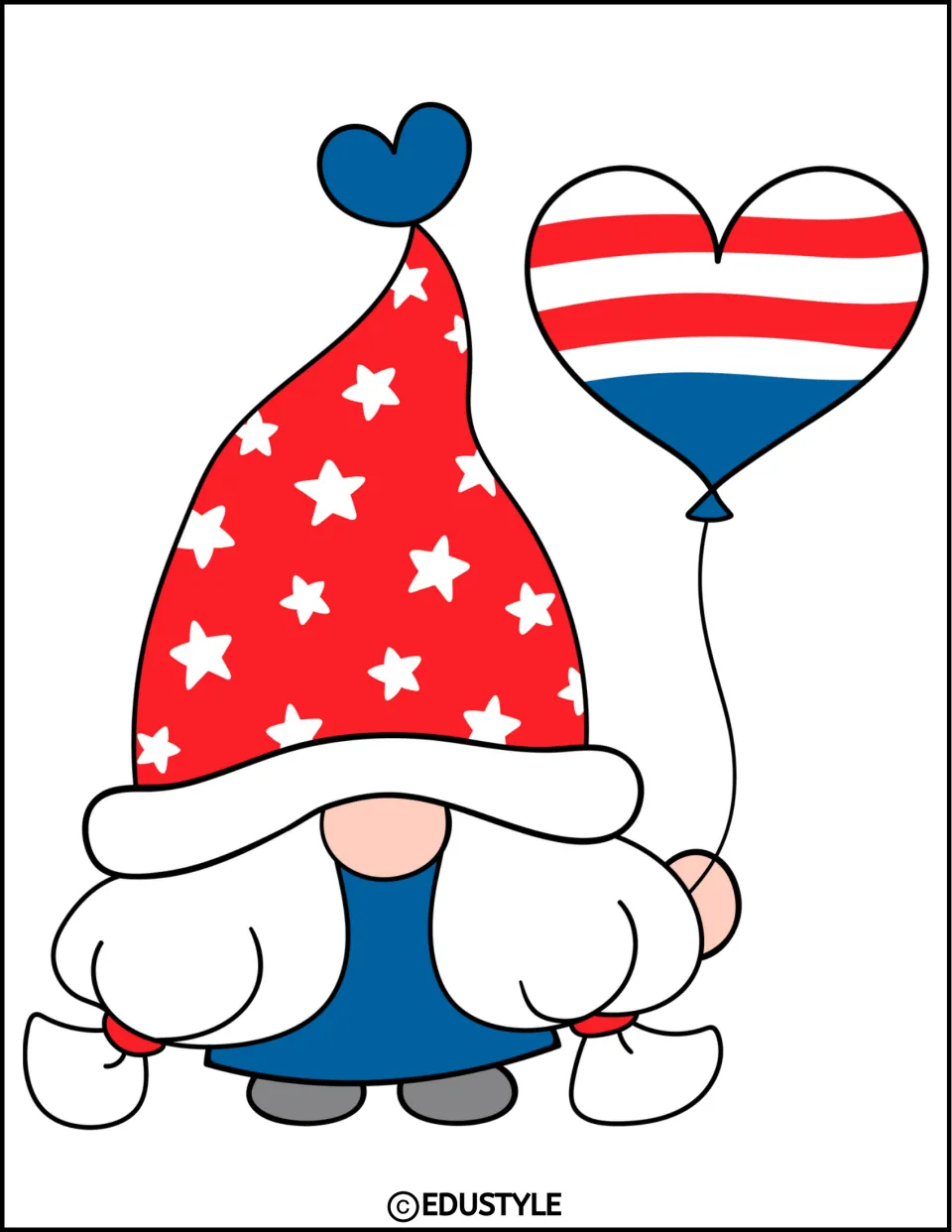 Patriotic gnome with a red star-print hat, white beard and blue body holding a red, white and blue heart balloon