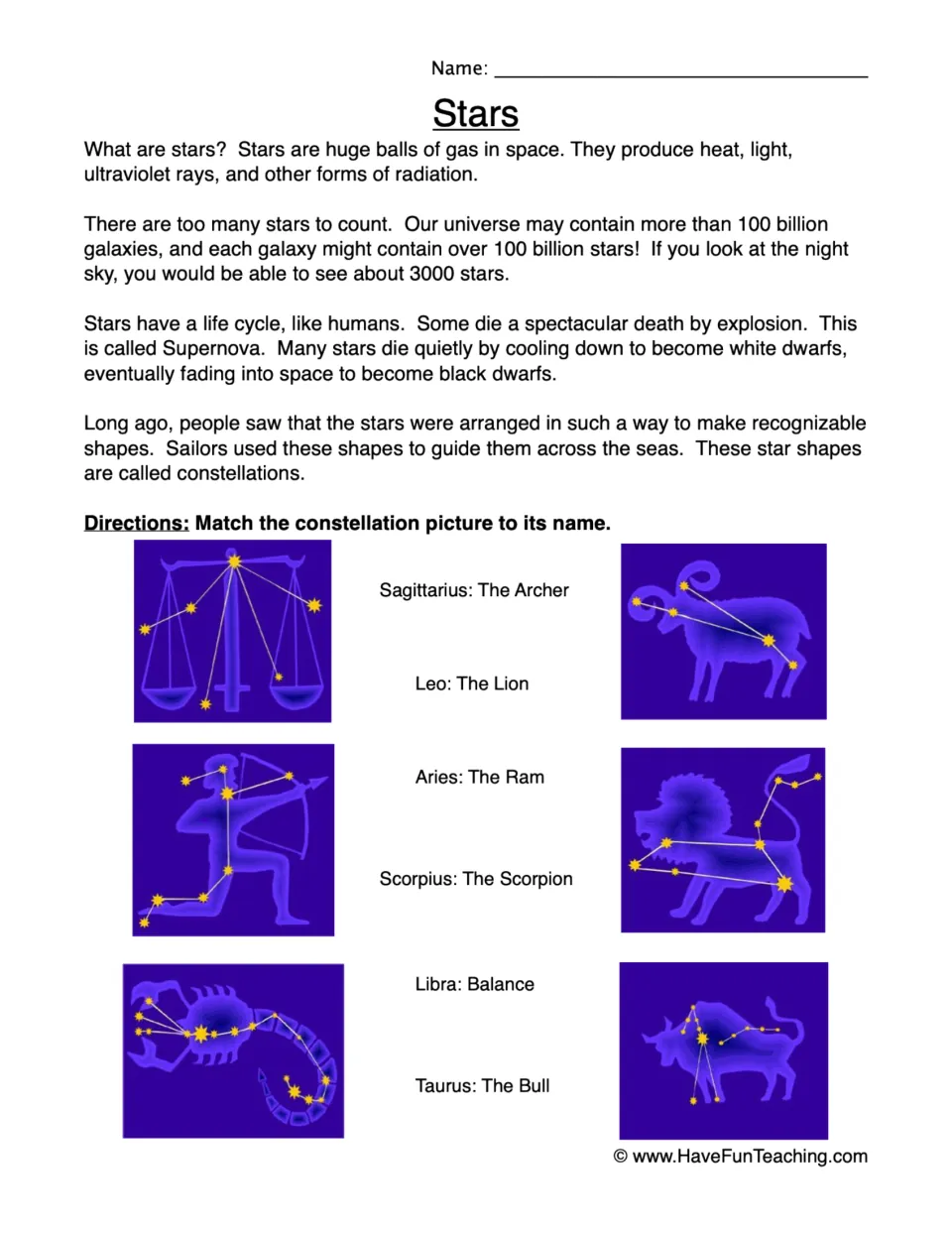 Stars reading and matching worksheet: identify Sagittarius, Leo, Aries, Scorpius, Libra, and Taurus.