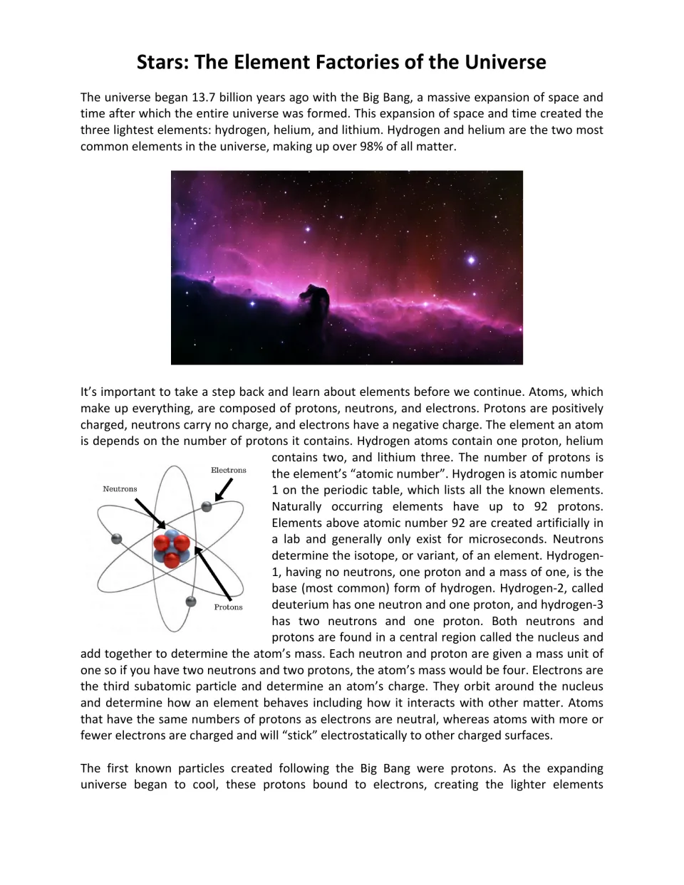 Reading passage introduction: the Big Bang, hydrogen, helium, lithium, and a labeled diagram of an atom.
