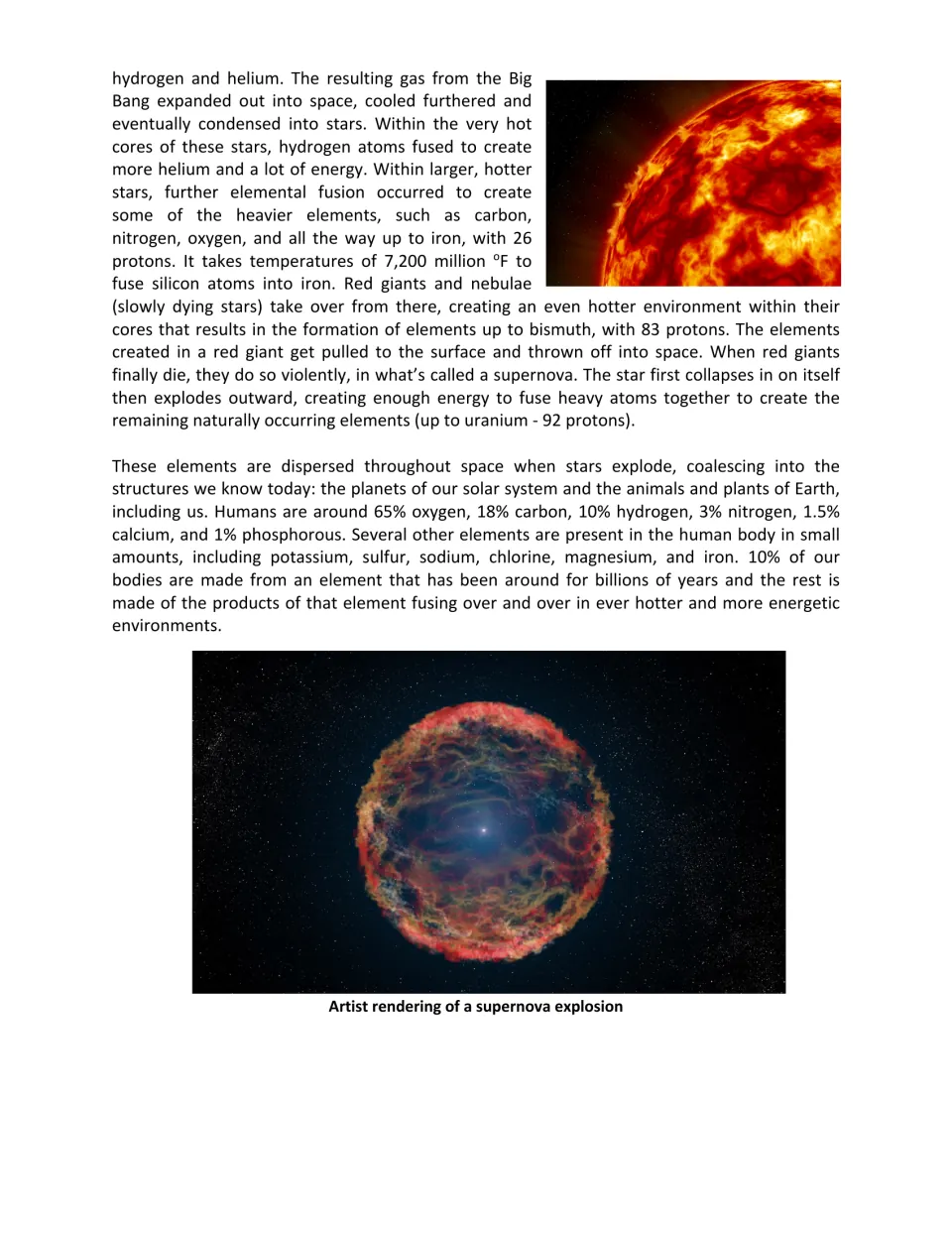Reading passage continuation: fusion in stars, supernova explosions, and the elements in the human body.