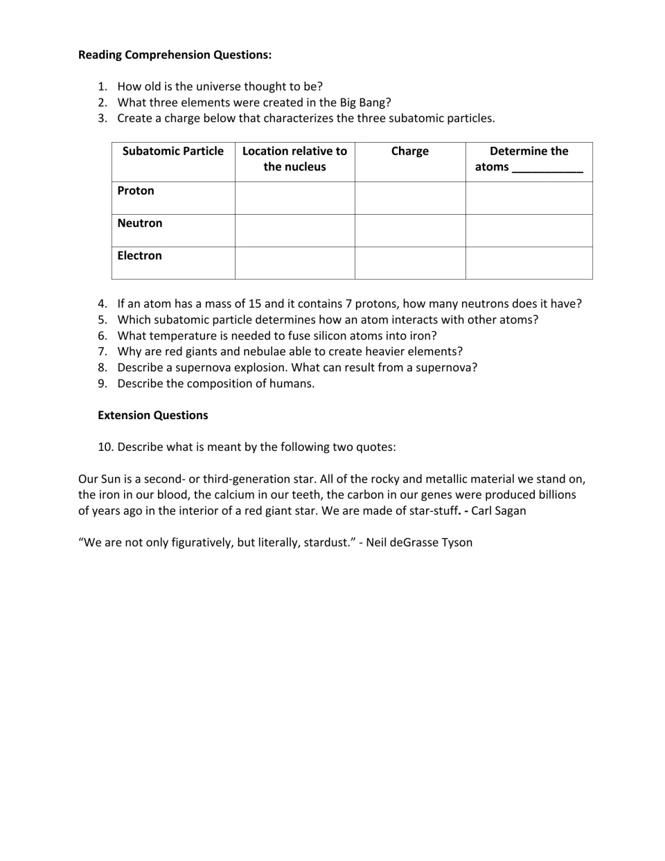 Comprehension questions 1–9 on atoms and stars, plus question 10 interpreting Sagan and Tyson quotes.