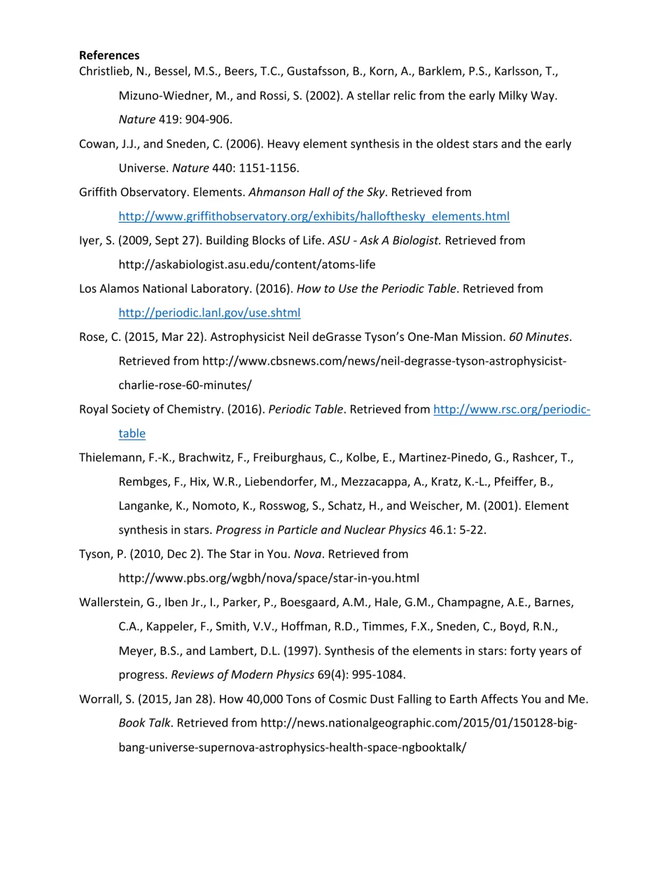 References for the stars article, including sources on element synthesis, the periodic table, and stardust.
