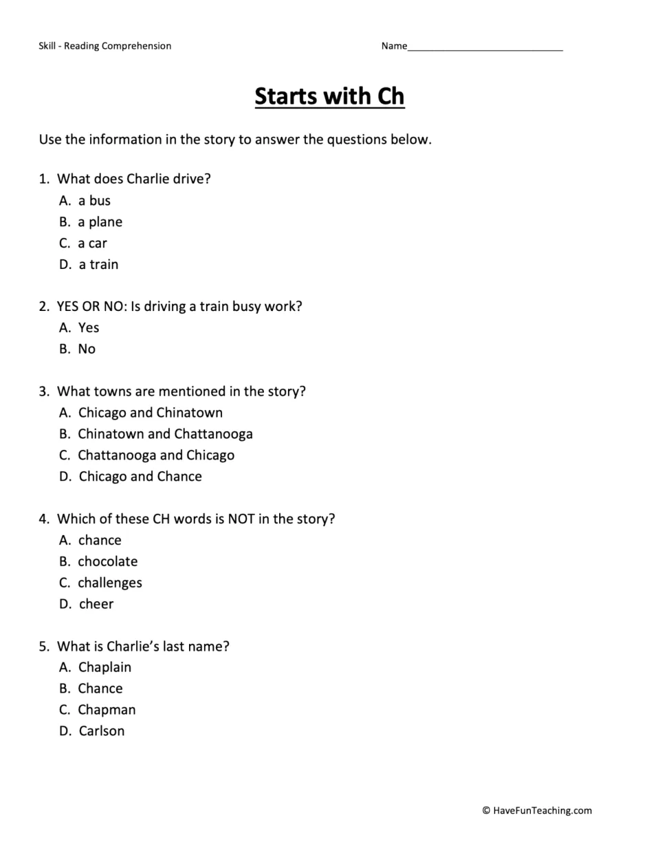 Story questions: students answer 5 multiple-choice items on Charlie's train, the towns named and ch words in the story