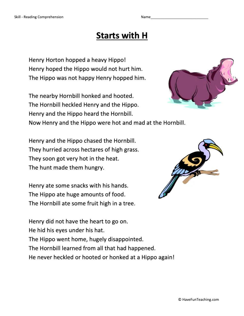 Reading passage featuring H words: Henry and a hippo chase a hornbill, get hungry, and give up the hunt.